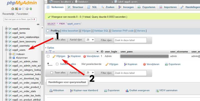 A screenshot of phpMyAdmin interface showing the process of wordpress change username by editing the WordPress database using Method 3".