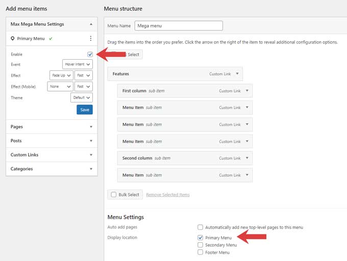 Enable mega menu
