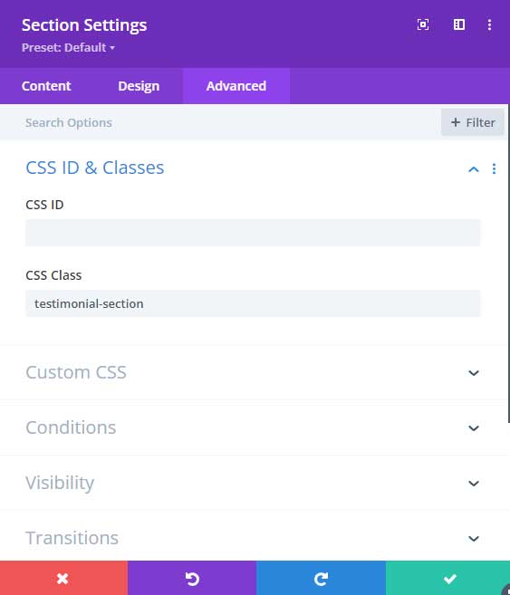 Give the section the class testimonial section