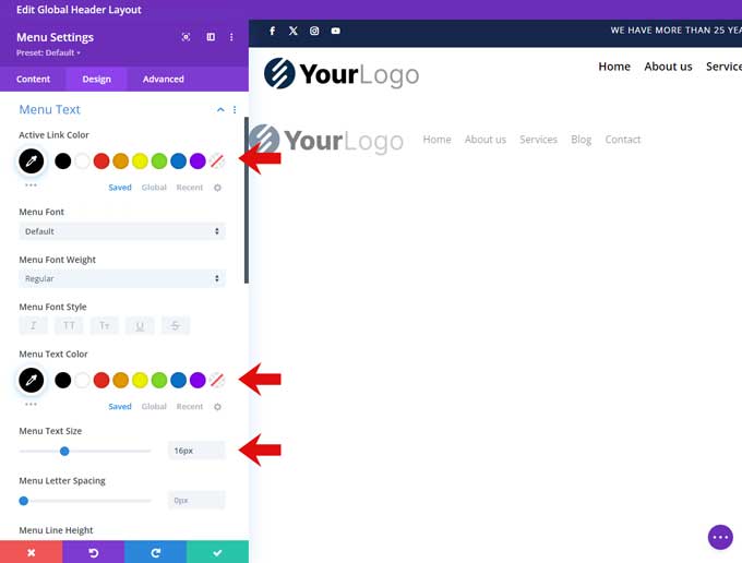 Mobile menu font settings