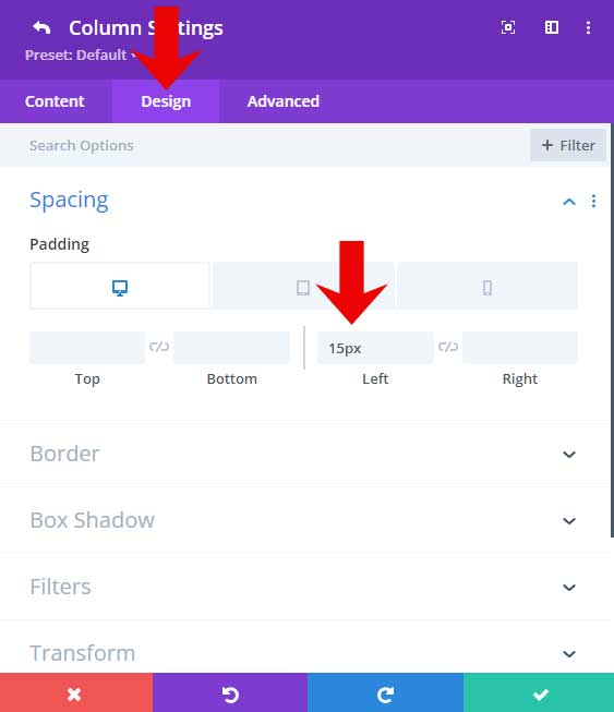 Padding settings