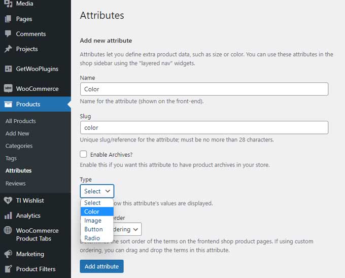 Set type to color in the attribute