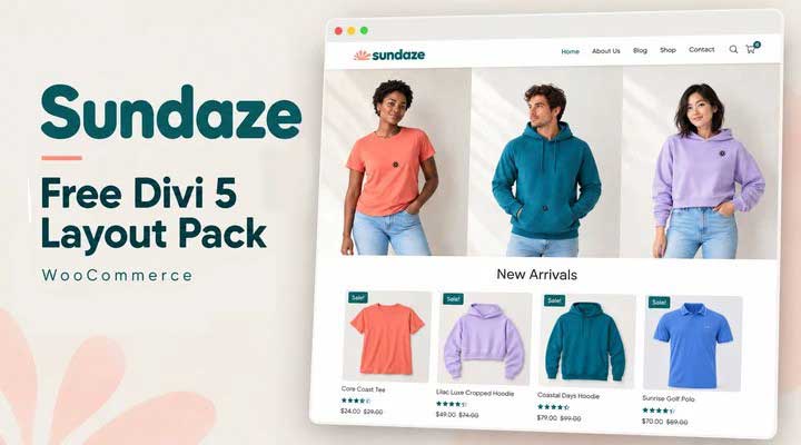 Sundaze free Divi 5 layout pack for WooCommerce websites